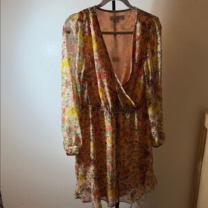 LOFT Sheer Floral Long-Sleeve Dress in Yellow and Pink
